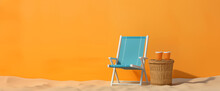 Background With Beach Chair Orange Wall Copy Space Sand On The Ground Blue Deckchair Wicker Table With Glasses Fruit Juice Drinks Vacation Holidays Sunlight Relaxation Rest Pleasure Vivid Bold Colors