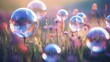 Crystal-clear bubbles containing miniature galaxies floating in a dreamy meadow, where tiny, whimsical beings ride on the surface of the iridescent orbs