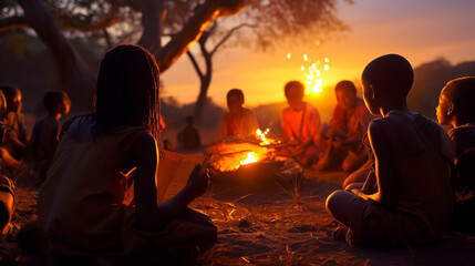 indigenous children reading books at a campfire at night