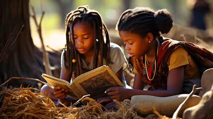 African girls with dreadlocks reading a book outdoor