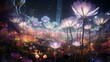 Gigantic, crystalline flowers sprouting from a kaleidoscopic meadow, where translucent beings dance with ethereal grace in the ever-shifting hues of twilight