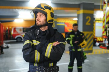 Wall Mural - Portrait of two young firemen in uniform standing inside the fire station