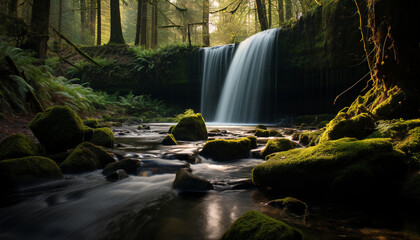 Poster - Tranquil scene flowing water, green trees, smooth rocks, natural beauty generated by AI