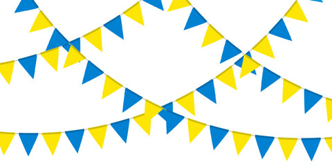 Wall Mural - Blue and yellow flag garland. Triangle pennants chain. Party pennants, window or wall decoration decoration. Celebration flags for decor