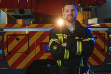 Wall Mural - Firefighter in uniform and helmet near fire engine