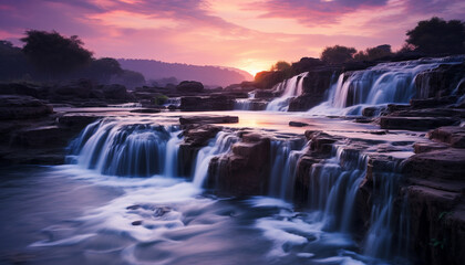 Sticker - Majestic sunset over tropical rainforest, tranquil waterfall flows in motion generated by AI