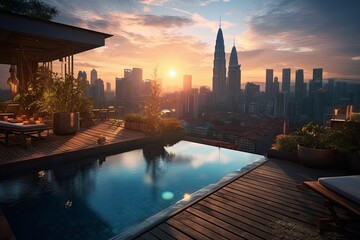 Blue tone panorama of waterfront malaysia kuala lumpur city skyline and buildings landscape