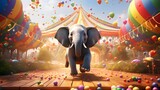 Fototapeta  - Polka-dotted elephants juggling rainbow-colored balloons in a whimsical circus tent