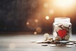 © Oksana - A jar of coins. Global day of charitable action, giving, donations. Give help, donations support day with coins jar, red heart, copy space