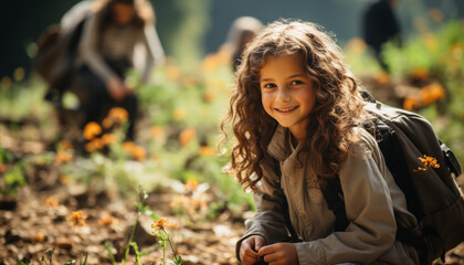 Poster - Smiling girl enjoys nature, surrounded by autumn leaves and flowers generated by AI