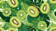  A Bunch Of Kiwi Cut In Half On Top Of A Green Leafy Background With A Pattern Of Leaves And A Kiwi Cut In Half On Top Of The Side.