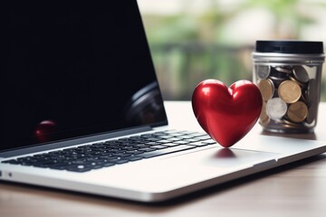 Online donation. Donations support day with coins jar, red heart, laptop