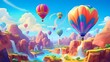 Whimsical hot air balloons shaped like mythical creatures soaring over a psychedelic canyon filled with floating islands and rainbow-colored geysers