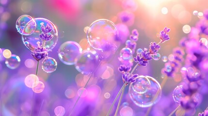 Wall Mural -  a bunch of soap bubbles sitting on top of a field of purple flowers and lavenders with the sun shining through the bubbles on the top of the top of the flowers.