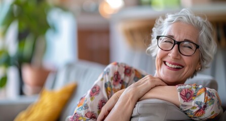 Radiant senior lady with a bright smile indoors. Joyful elderly woman wearing glasses at home. Cheerful mature female with elegant floral blouse.