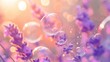  a bunch of soap bubbles floating on top of a purple plant with purple flowers in the foreground and a blurry light in the middle of the back ground.