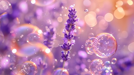 Wall Mural -  a bunch of soap bubbles floating next to a purple plant with a purple flower in the foreground and a blurry image of a lavender plant in the background.