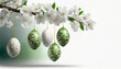 Wielkanocne, białe tło z ozdobnymi zielonymi i białymi pisankami zawieszonymi na gałązce pokrytej białymi kwiatami