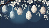 Fototapeta Niebo - Navy blue Easter background with flowers and Easter eggs hanging at the top
