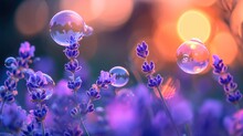  A Bunch Of Soap Bubbles Sitting On Top Of A Bunch Of Purple Flowers In Front Of A Bright Yellow And Blue Sky With The Sun Shining Down On The Horizon.