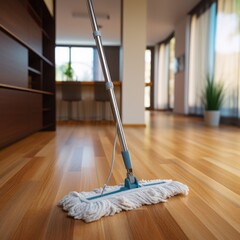 Wall Mural - Cleaning wooden floor with mop. Household chores concept.