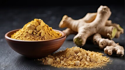 a ginger root alongside ginger powder in a bowl. Ensure clarity and detail, highlighting the distinct textures and aromatic qualities of both the fresh root and the powdered form