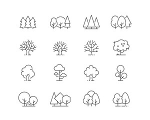 trees and woodland icon collection containing 16 editable stroke icons. perfect for logos, stats and