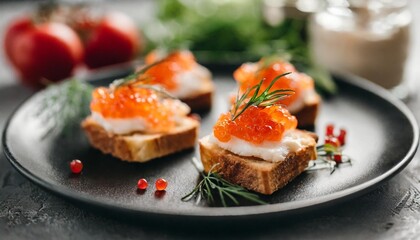 Canvas Print - closeup of appetizers toast with salmon and lumpfish roe in a black plate