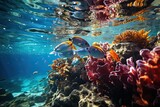 Fototapeta Fototapety do akwarium - Divers exploring coral reefs by the coast., generative IA