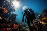 Fototapeta Fototapety do akwarium - Divers exploring coral reefs by the coast., generative IA