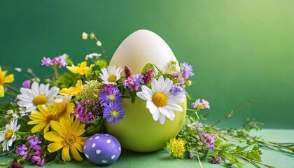 big easter egg decorated with fresh spring wildflowers on chartreuse background holiday banner card template with copy space