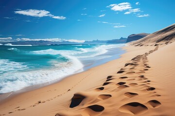 Wall Mural - Deserted beach with dunes and trail for the ocean., generative IA