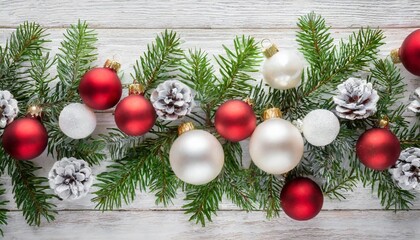 Wall Mural - classic christmas composition with fir branches and white and red baubles on white wooden background noel banner for website