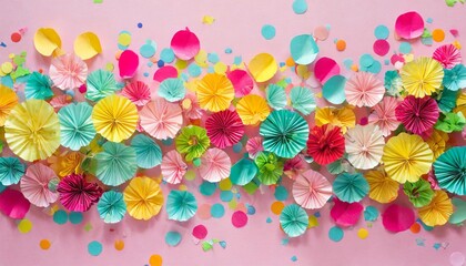 Sticker - colorful paper confetti on pink background celebration concept flat lay top view