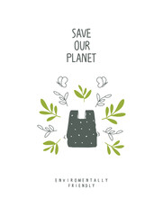 Wall Mural - Vector Hand drawn cartoon sketch biodegradable bag, with green leaves. illustration of Environmentally friendly planet. Plastic free ecological poster. Think Green. Zero waste Concept.