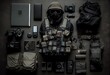 © Christopher - Military equipment or special agent gear concept flat lay background with copy space. Generative AI