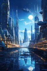 Canvas Print - futuristic city cinematic illustration with skyscraper buildings in blue color palette