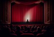 © Christopher - Cinematic theater interior with blank white screen and crimson curtains for a movie premiere; audience members looking back from their seats. Generative AI