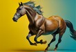 Realistic horse running on yellow blue background. Generative AI