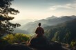 © Tanu - Meditation landscape and man sitting on a mountain top for mindfulness and spirituality. Peaceful, stress free and focus in nature with view, for mental health, Ai generated