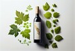 wine list or wine card design background;  grapes leaf and bottle-screw on white background. Generative AI
