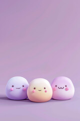  Mochi of different flavors with cute faces. Light purple color background. Space for text.