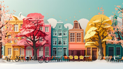 Wall Mural - European Charm: Amsterdam's Cafe Lifestyle in Abstract Origami Style. Generative AI