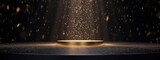 Fototapeta Natura - Background black podium stage gold award glitter light 3d platform product golden pedestal. Podium show black background abstract elegant ceremony dark display spotlight effect confetti night scene
