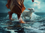 Fototapeta  - Jesus walks with a lamb on the water