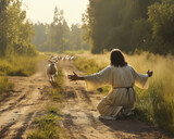 Fototapeta  - Lamb runs to Jesus