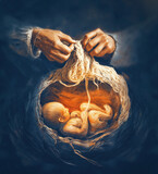 Fototapeta Las - God knitting a baby in the womb