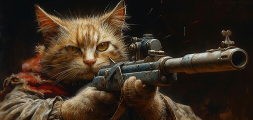 The cat is a military man in a military uniform with a rifle in an artistic retro style.