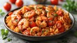  a close up of a bowl of rice with shrimp and tomatoes on a table with tomatoes and parsley on the side of the bowl and a bowl of tomatoes in the background.