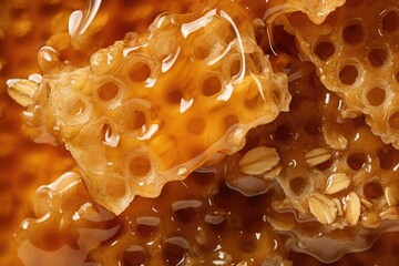 Sticker - Closeup of honeycomb with honey dripping from it. Generative AI.